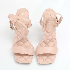 Nude quilted leather block heel sandals with buckle closure